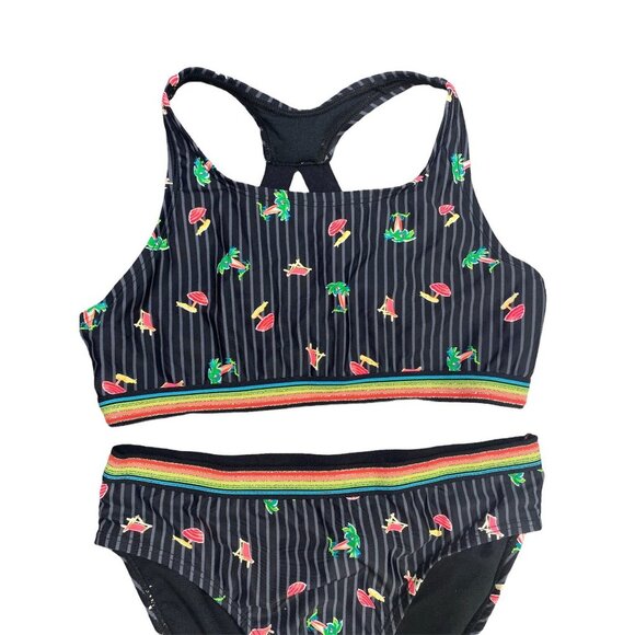 Wonder Nation Girls 2pc Swimwear Black & Palm Trees Sz 10/12 - Picture 2 of 5